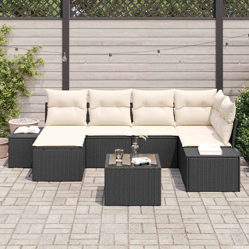 Conjunto de Sofá de Jardim com almofada 7 pcs Preto e creme