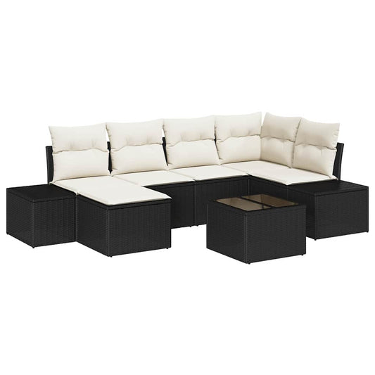 Conjunto de Sofá de Jardim com almofada 7 pcs Preto e creme