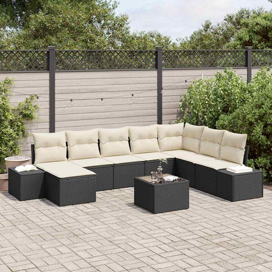 Conjunto de Sofá de Jardim com almofada 9 pcs Preto e creme