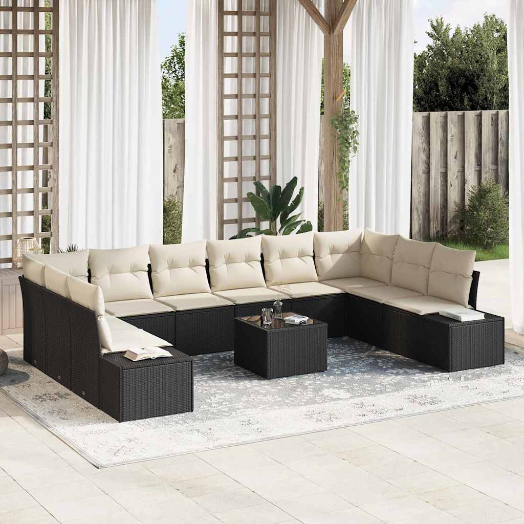 Conjunto de Sofá de Jardim com almofada 11 pcs Preto e creme