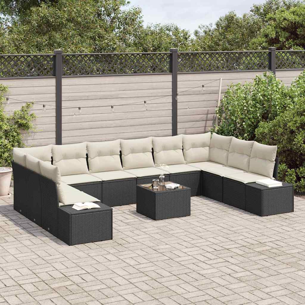 Conjunto de Sofá de Jardim com almofada 11 pcs Preto e creme