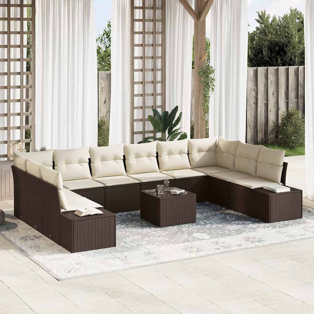 Conjunto de Sofá de Jardim com almofada 11 pcs Castanho e creme