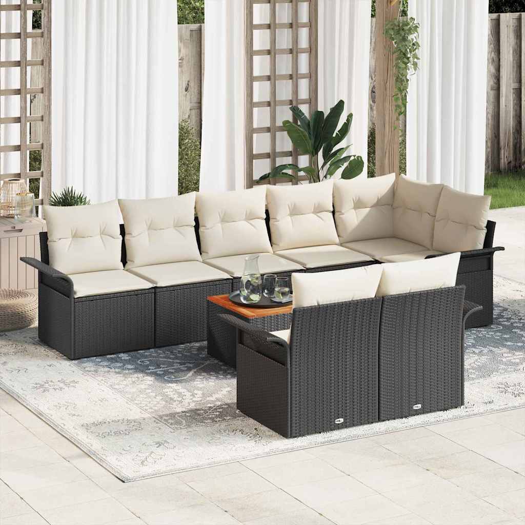 Conjunto de Sofá de Jardim com almofada 9 pcs Preto e Creme