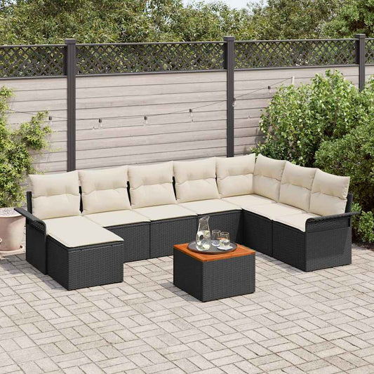Conjunto de Sofá de Jardim com almofada 9 pcs Preto e Creme