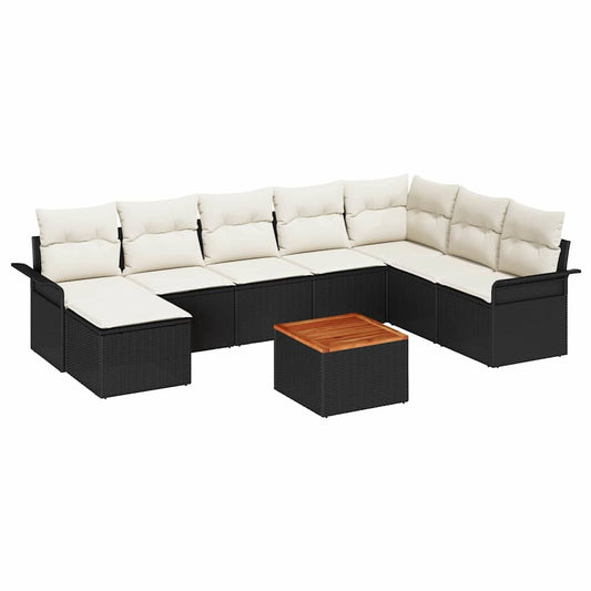 Conjunto de Sofá de Jardim com almofada 9 pcs Preto e Creme