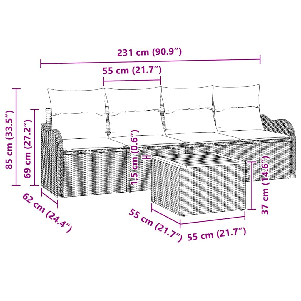 Conjunto de Sofá de Jardim Manual 5 pcs Bege e Cinza Claro