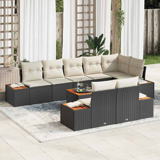 Conjunto de Sofá de Jardim com almofada 9 pcs Preto e creme
