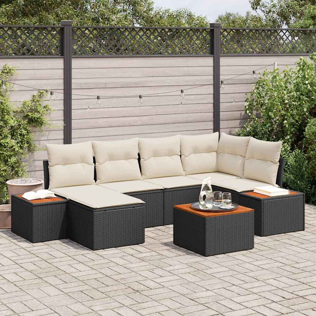 Conjunto de Sofá de Jardim com almofada 7 pcs Preto e creme