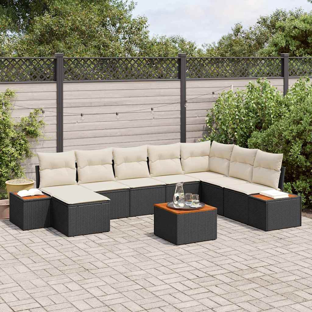 Conjunto de Sofá de Jardim com almofada 9 pcs Preto e creme