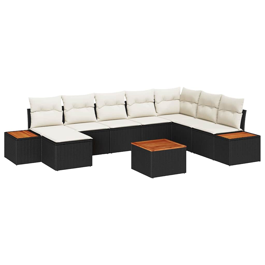 Conjunto de Sofá de Jardim com almofada 9 pcs Preto e creme