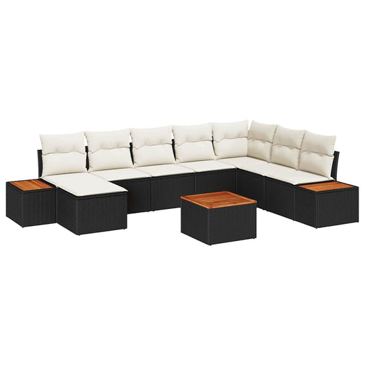 Conjunto de Sofá de Jardim com almofada 9 pcs Preto e creme