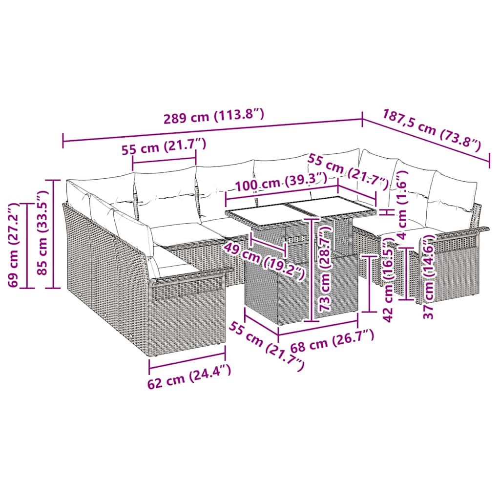 Conjunto de Sofá de Jardim Manual 10 pcs Bege 100 x 55 x 73 cm