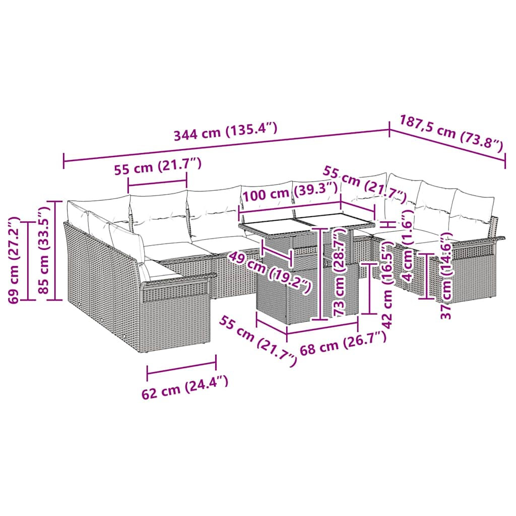 Conjunto de Sofá de Jardim Manual 11 pcs Bege 100 x 55 x 73 cm