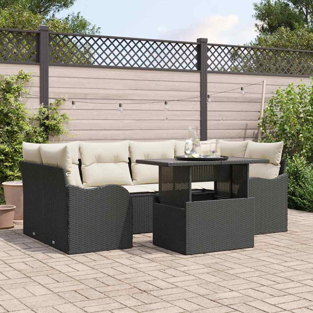 Conjunto de Sofá de Jardim Manual 7 pcs Preto Rattan Sintético