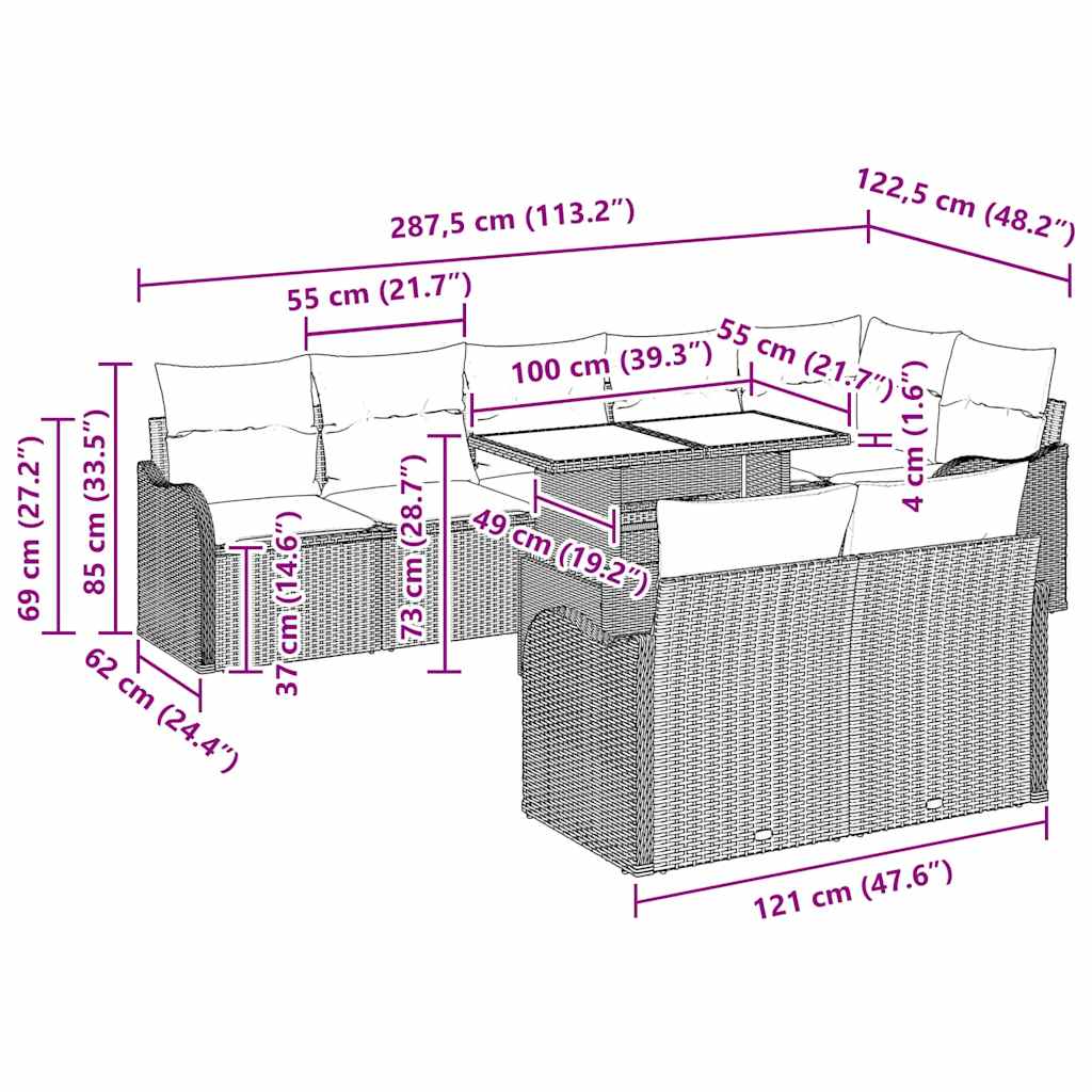 Conjunto de Sofá de Jardim com almofada 9 pcs Cinzento-claro