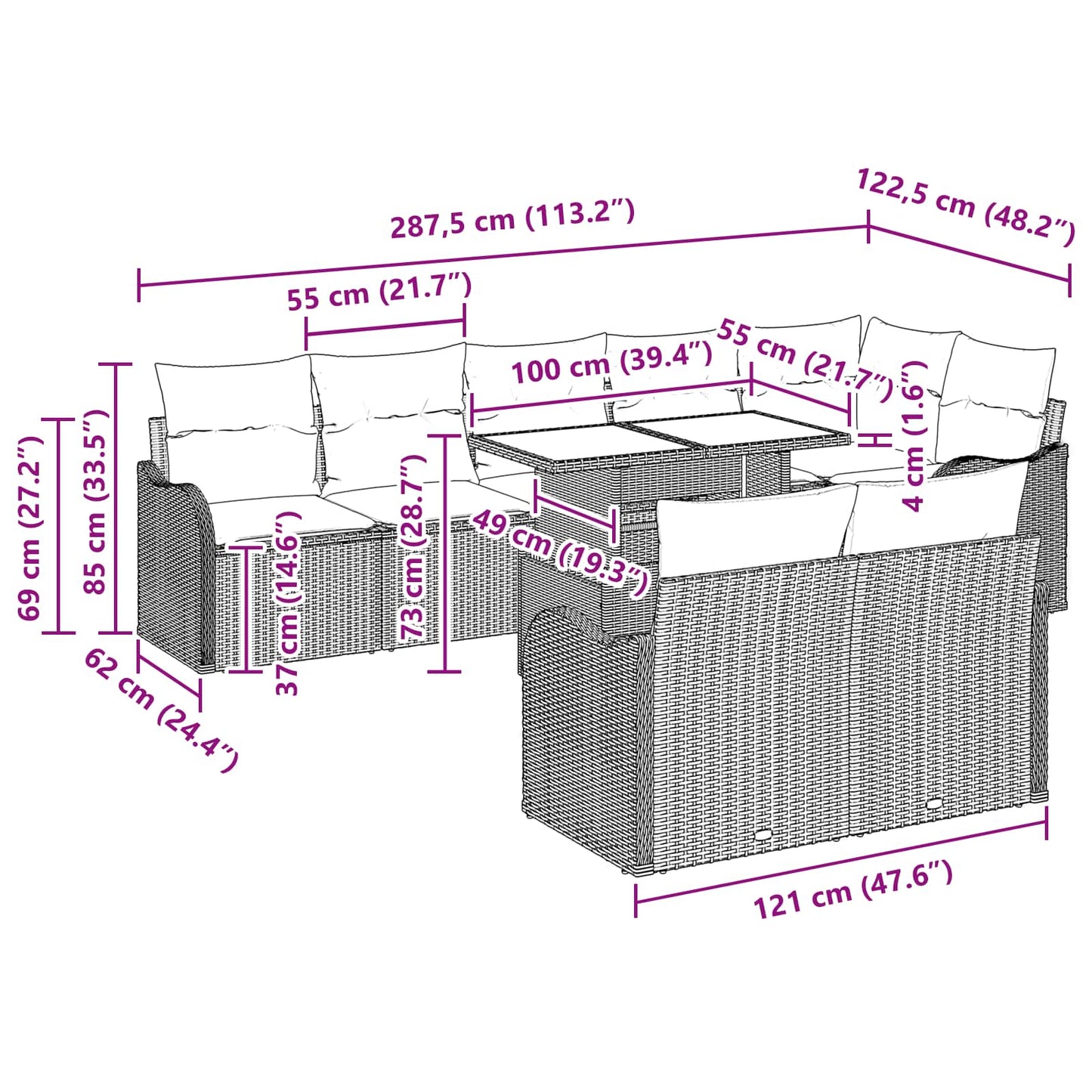 Conjunto de Sofá de Jardim com almofada 9 pcs Cinzento-claro