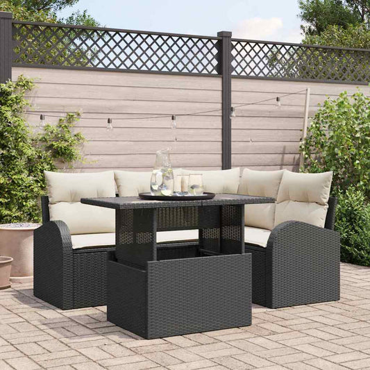 Conjunto de Sofá de Jardim Manual 5 pcs Preto Rattan Sintético