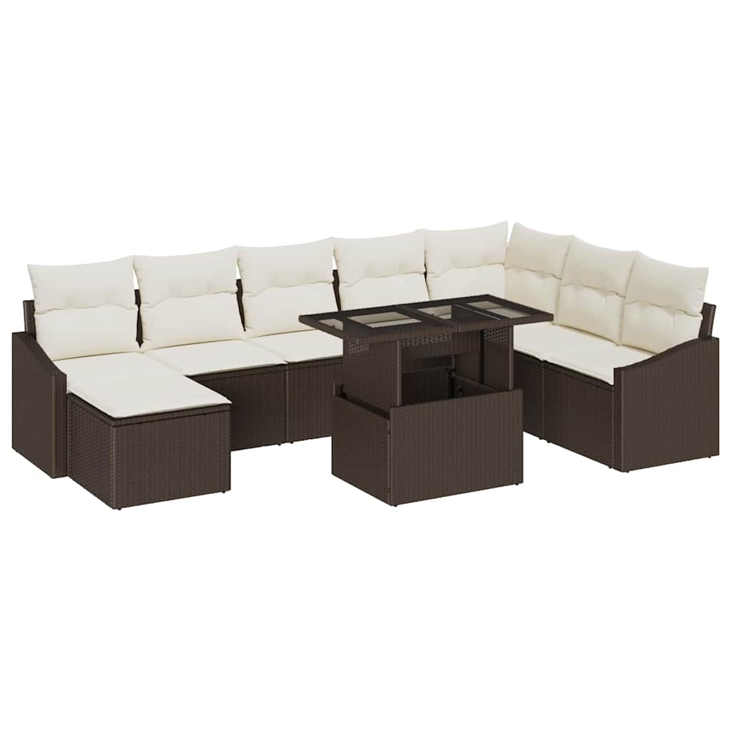 Conjunto de Sofá de Jardim com almofada 9 pcs Marrom e Creme