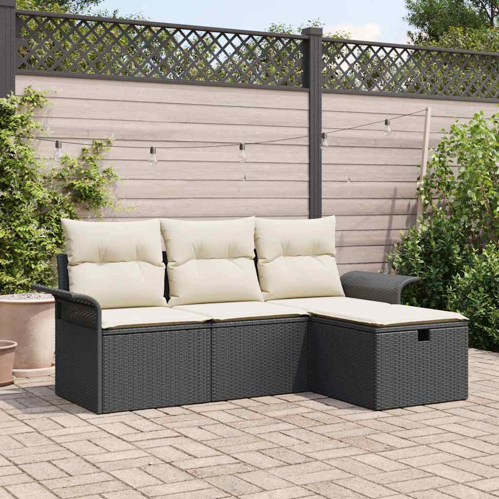 Conjunto de Sofá de Jardim 4 pcs Preto e creme Rattan Sintético