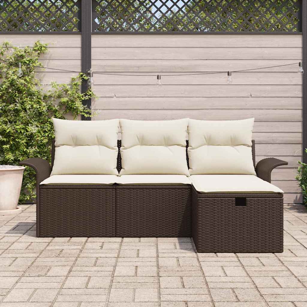 Conjunto de Sofá de Jardim com almofada 4 pcs Castanho e creme