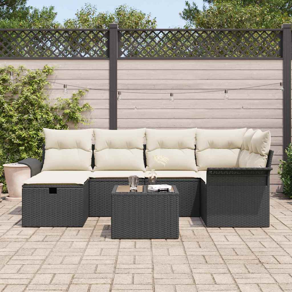 Conjunto de Sofá de Jardim Manual 7 pcs Preto e Creme vime PE