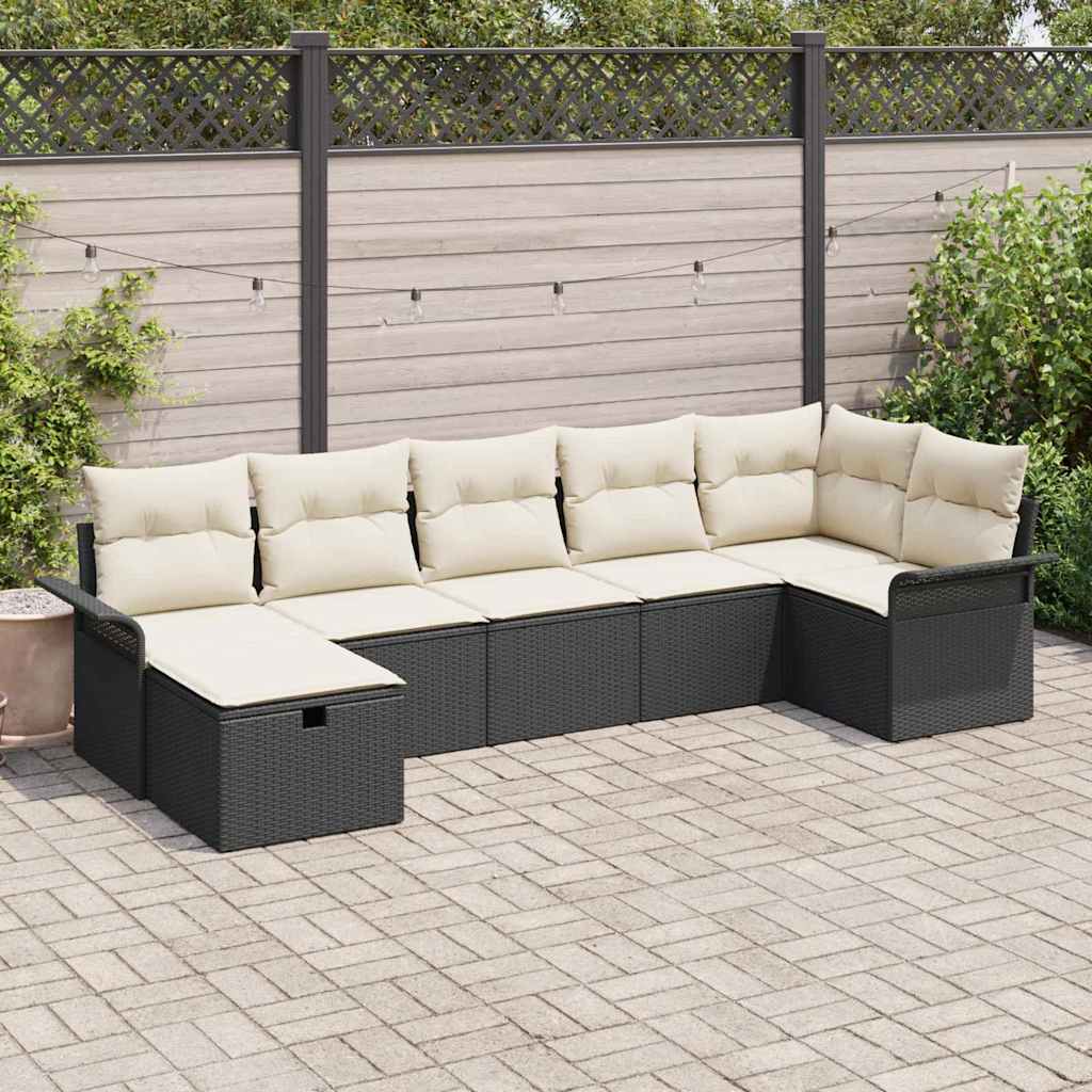 Conjunto de Sofá de Jardim com almofada 7 pcs Preto e creme