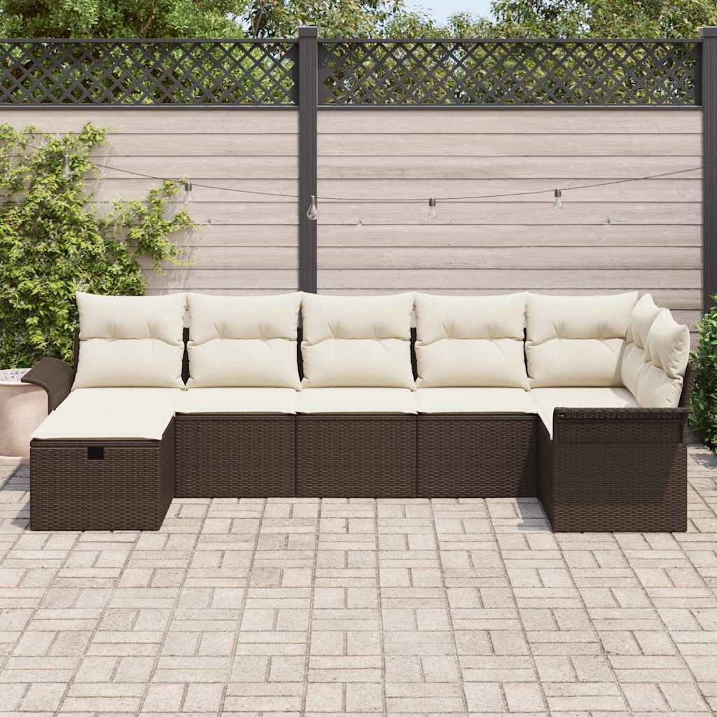 Conjunto de Sofá de Jardim Manual 7 pcs Marrom e Creme vime PE