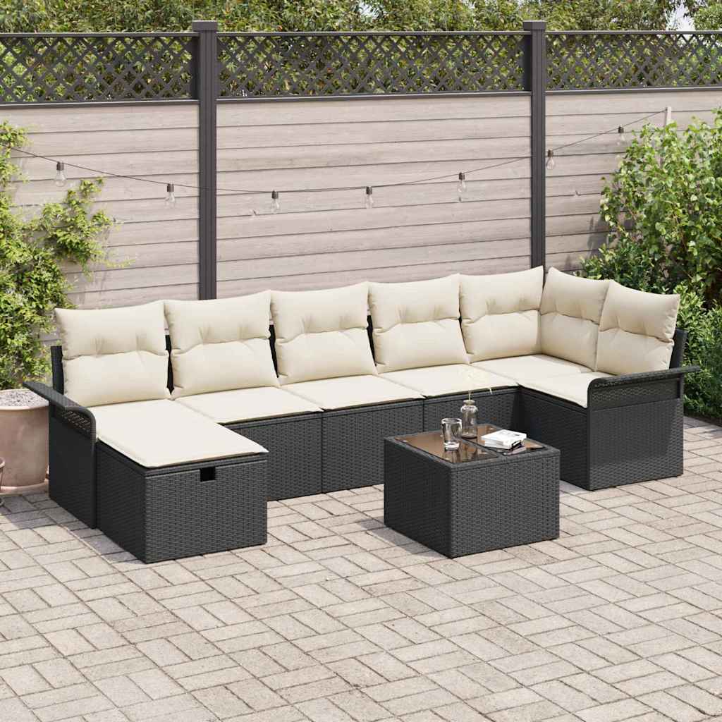 Conjunto de Sofá de Jardim Manual 8 pcs Preto e Creme vime PE