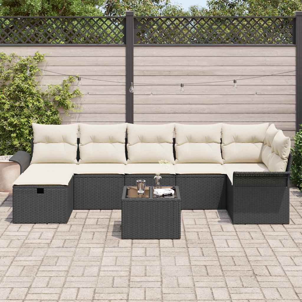 Conjunto de Sofá de Jardim Manual 8 pcs Preto e Creme vime PE