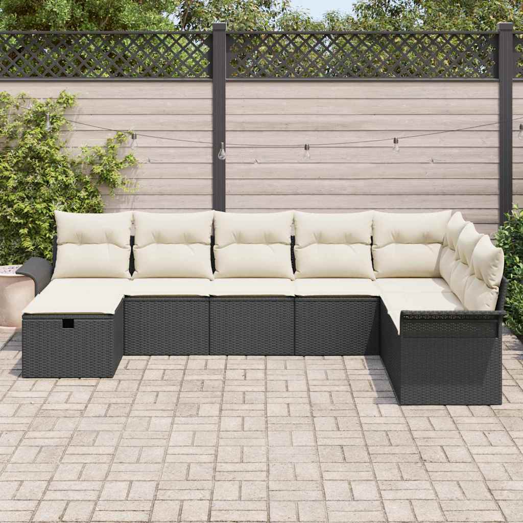 Conjunto de Sofá de Jardim com almofada 8 pcs Preto e creme