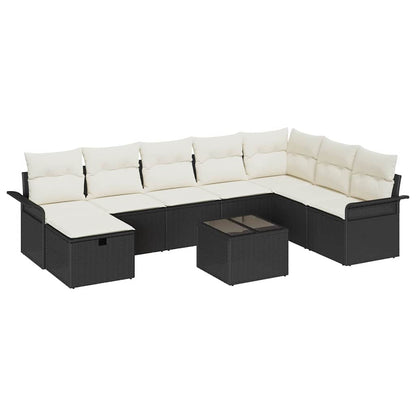 Conjunto de Sofá de Jardim Manual 9 pcs Preto e Creme vime PE
