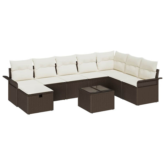 Conjunto de Sofá de Jardim com almofada 9 pcs Castanho e creme