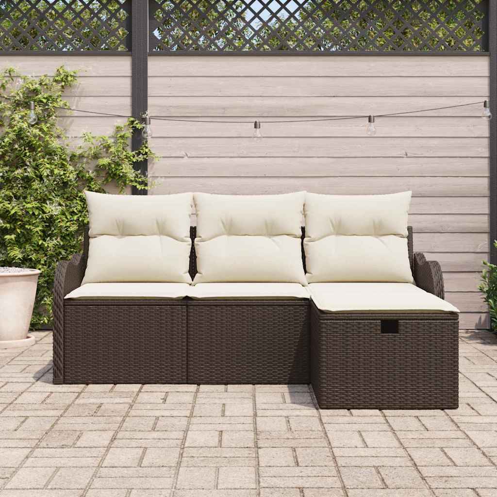 Conjunto de Sofá de Jardim Manual 4 pcs Marrom e Creme vime PE