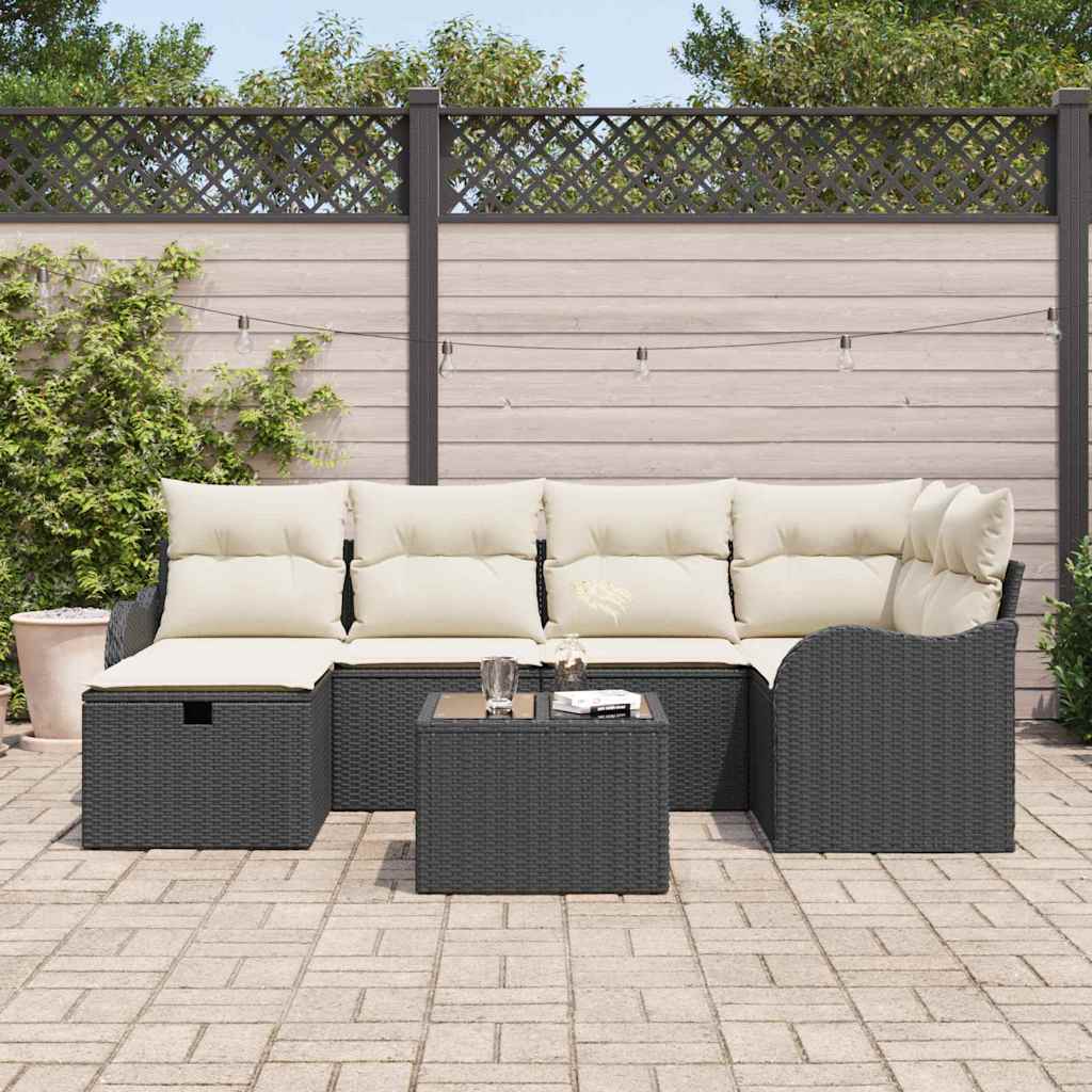 Conjunto de Sofá de Jardim com almofada 7 pcs Preto e creme