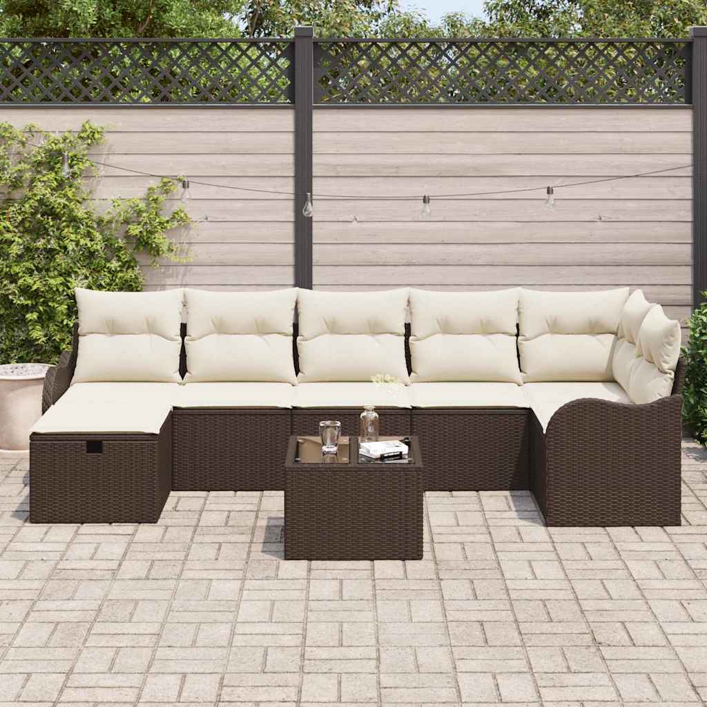 Conjunto de Sofá de Jardim com almofada 8 pcs Castanho e creme