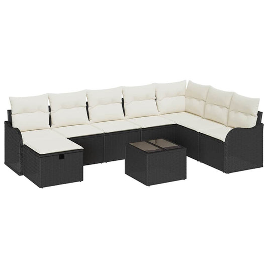 Conjunto de Sofás com almofada 9 pcs Preto e Creme vime PE