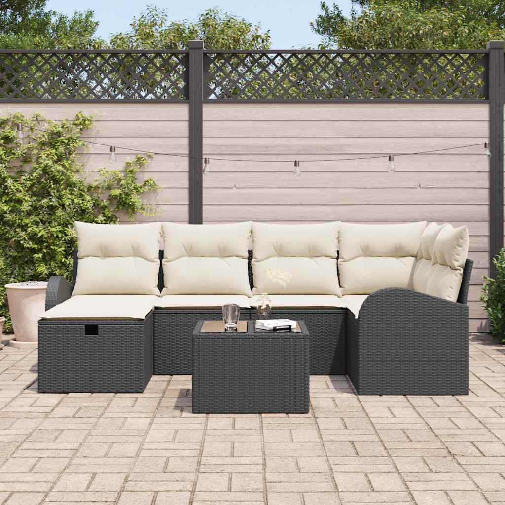 Conjunto de Sofá de Jardim com almofada 7 pcs Preto e creme