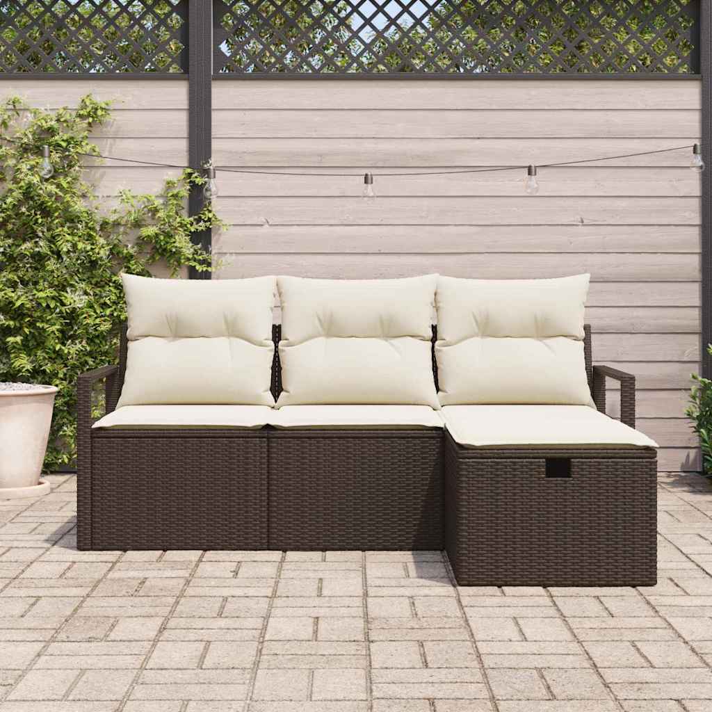 Conjunto de Sofá de Jardim com almofada 4 pcs Castanho e creme
