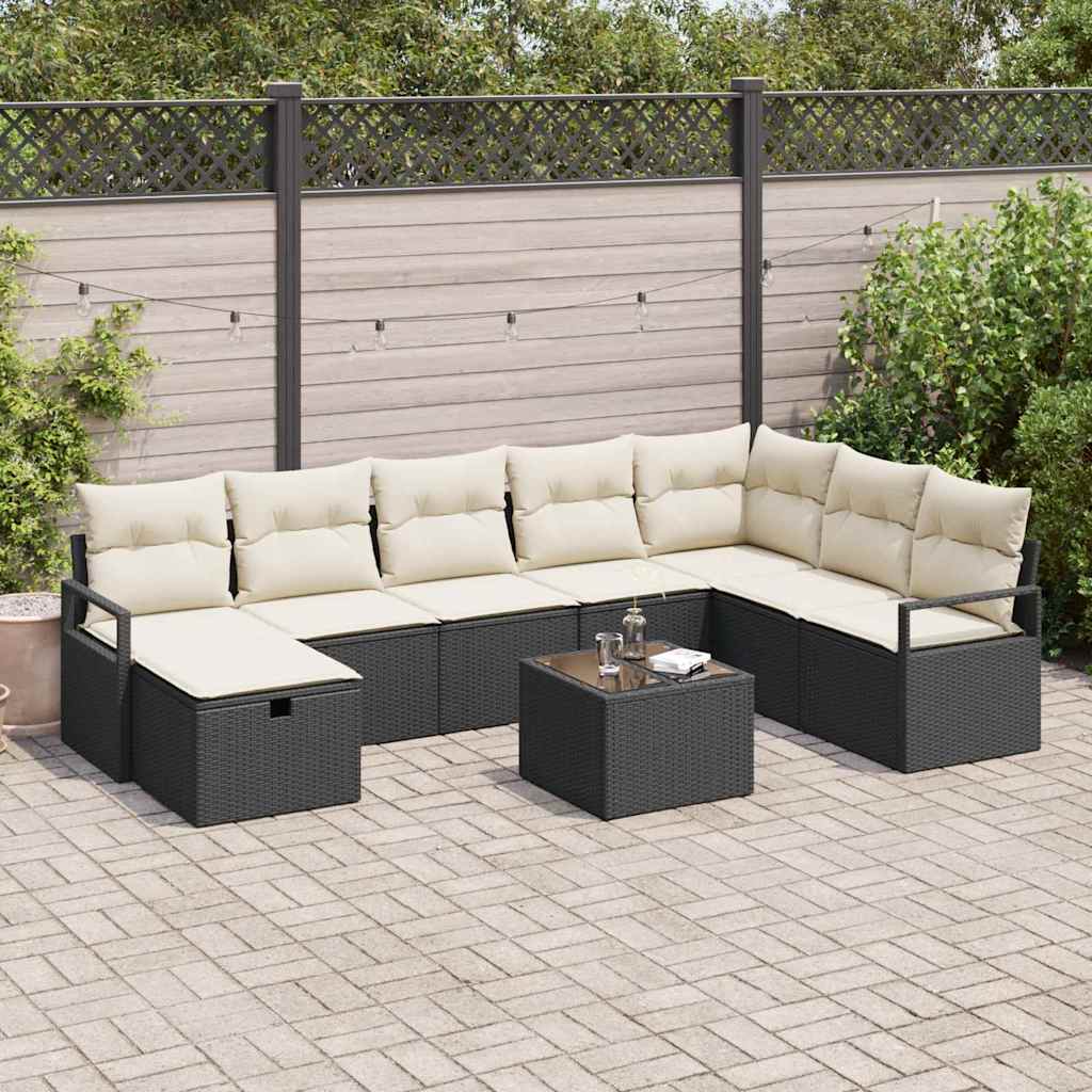 Conjunto de Sofá de Jardim com almofada 9 pcs Preto e creme