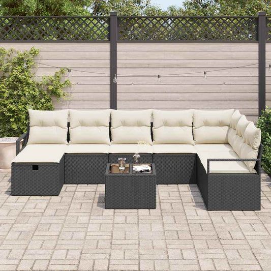 Conjunto de Sofá de Jardim com almofada 9 pcs Preto e creme