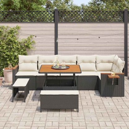 Conjunto de Sofá de Jardim com almofada 9 pcs Preto e creme
