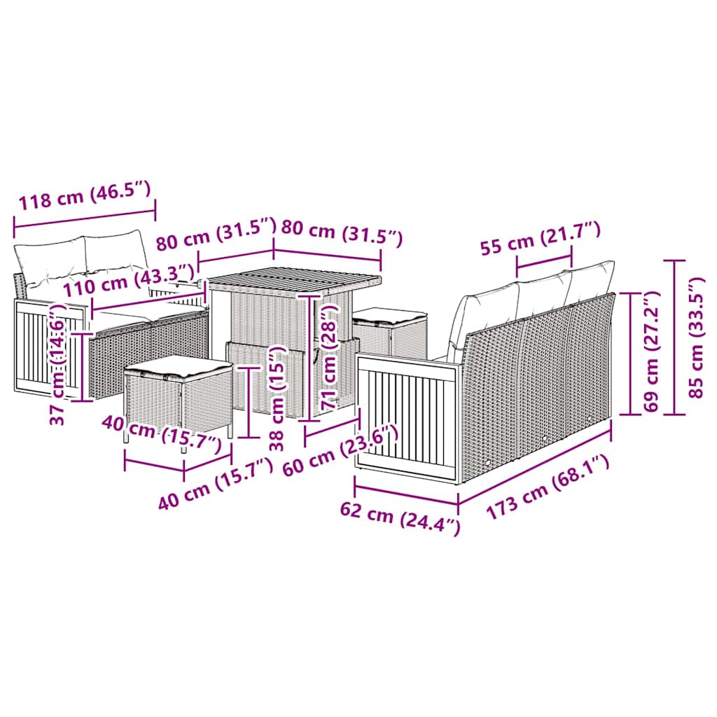Conjunto de Sofá de Jardim Manual 8 pcs Preto 80 x 80 x 71 cm