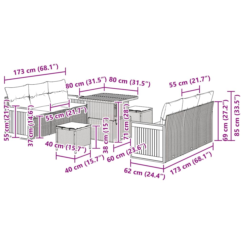 Conjunto de Sofá de Jardim com almofada 9 pcs Preto e creme