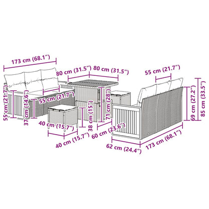 Conjunto de Sofá de Jardim com almofada 9 pcs Preto e creme