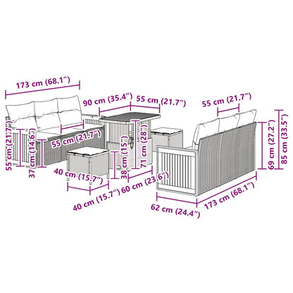 Conjunto de Sofá de Jardim com almofada 9 pcs Preto e creme