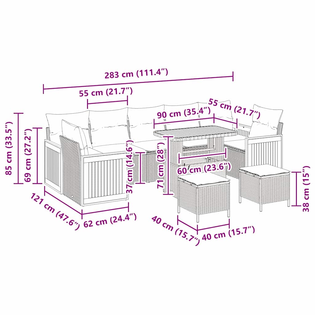 Conjunto de Sofá de Jardim 10 pcs Cinzeto 90 x 55 x 71 cm