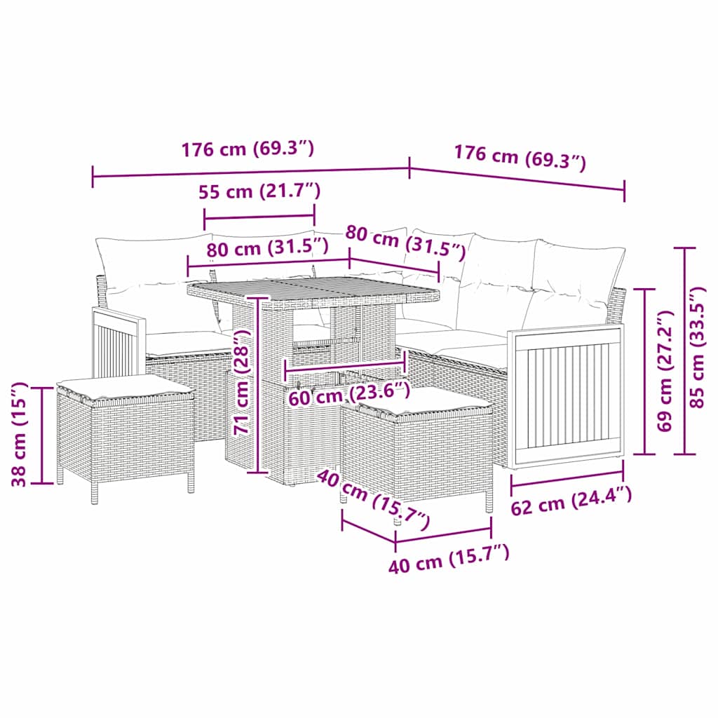 Conjunto de Sofá de Jardim 8 pcs Preto e creme 80 x 80 x 71 cm