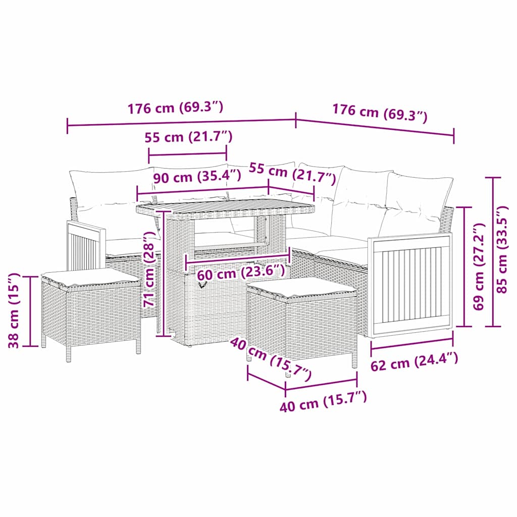 Conjunto de Sofá de Jardim 8 pcs Preto e creme 90 x 55 x 71 cm