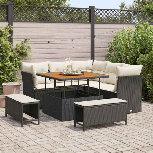 Conjunto de Sofá de Jardim com almofada 8 pcs Preto e creme
