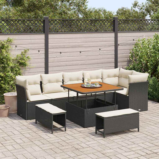 Conjunto de Sofá de Jardim com almofada 9 pcs Preto e creme